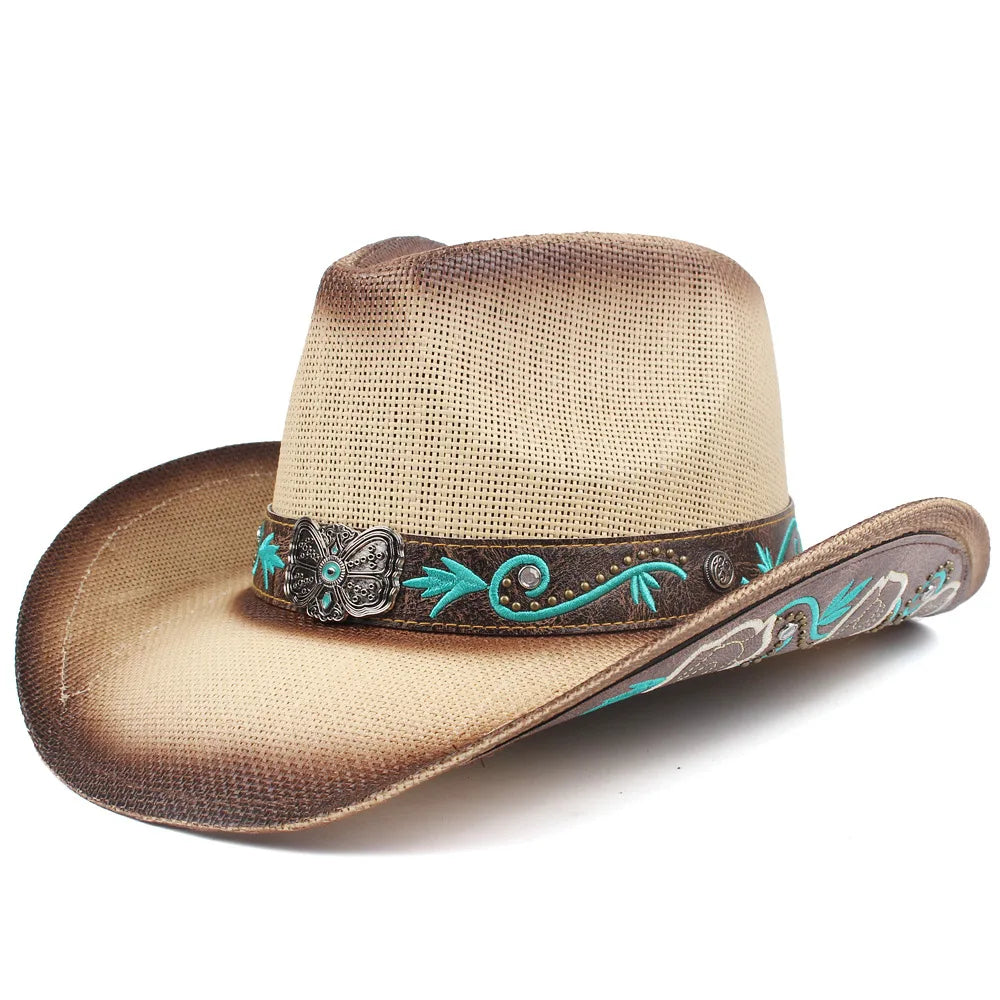 Embroidered straw cowboy sun hat, light tan with turquoise floral band and decorative buckle