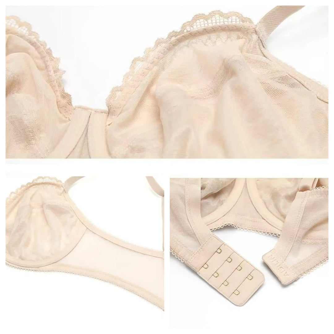 Beige lace bra details: stretch cups and adjustable band with hook-and-eye closure