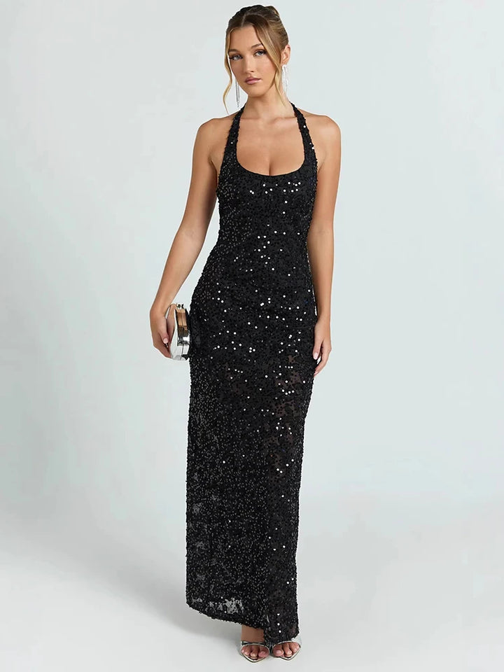Black 3D floral sequin bodycon gown with sleeveless square neckline, fitted maxi skirt