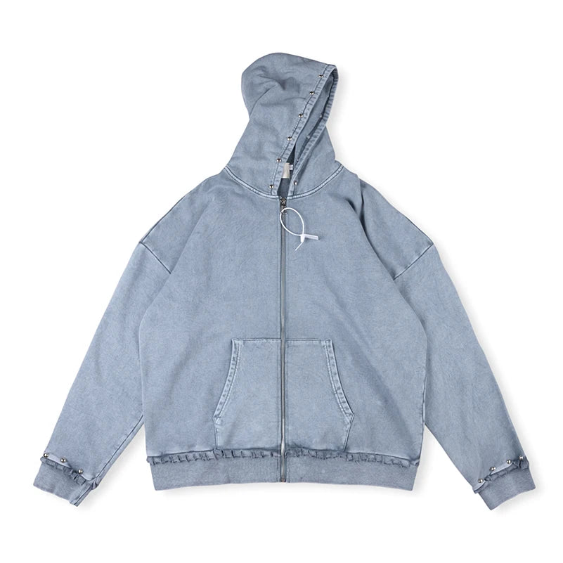 Rivet Washed Zipper Hooded Jacket