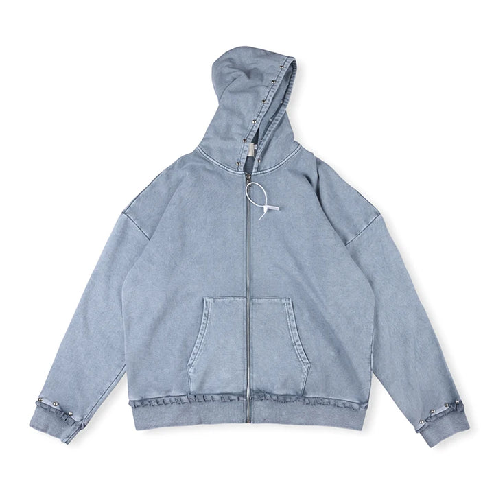 Rivet Washed Zipper Hooded Jacket