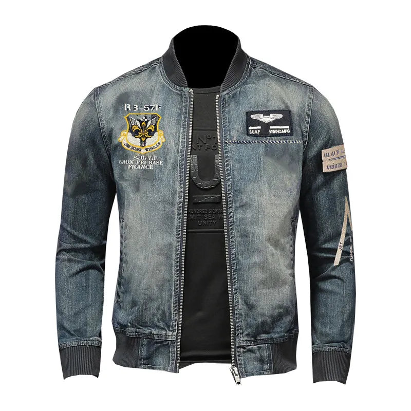 Blue denim slim zip-up jacket front view with ribbed collar and chest patches