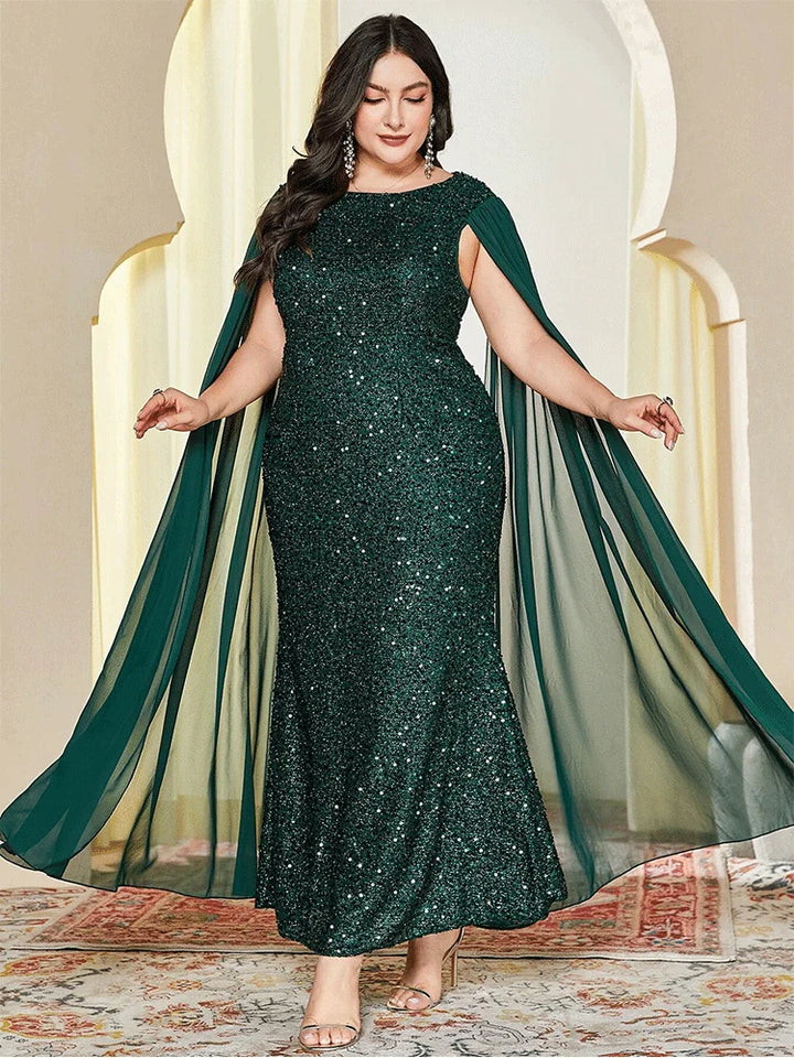 Cape Sequined Plus Size Women's Party Gown