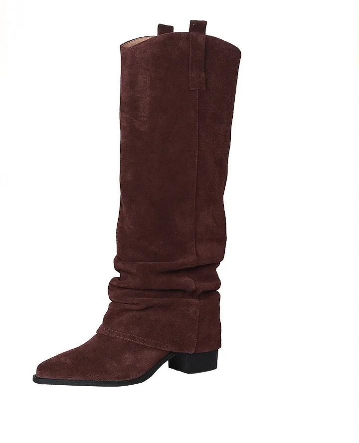 Trendy Pleated Mid-Calf Cow Suede Boots