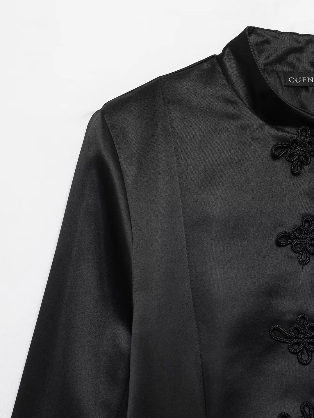 Black satin stand-collar blazer shoulder and chest with embroidered floral detail