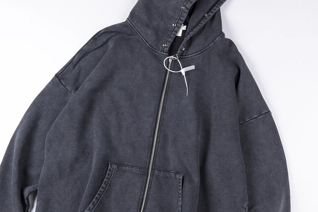 Rivet Washed Zipper Hooded Jacket