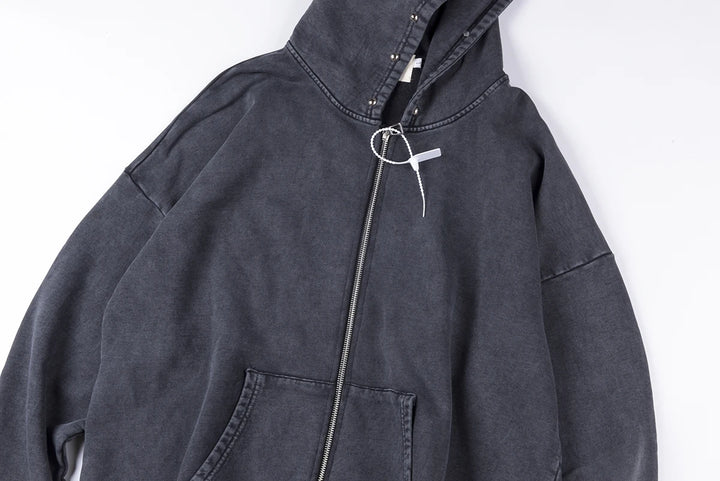 Rivet Washed Zipper Hooded Jacket