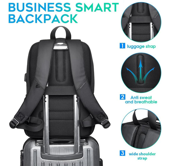Black backpack with padded shoulder straps and top luggage strap