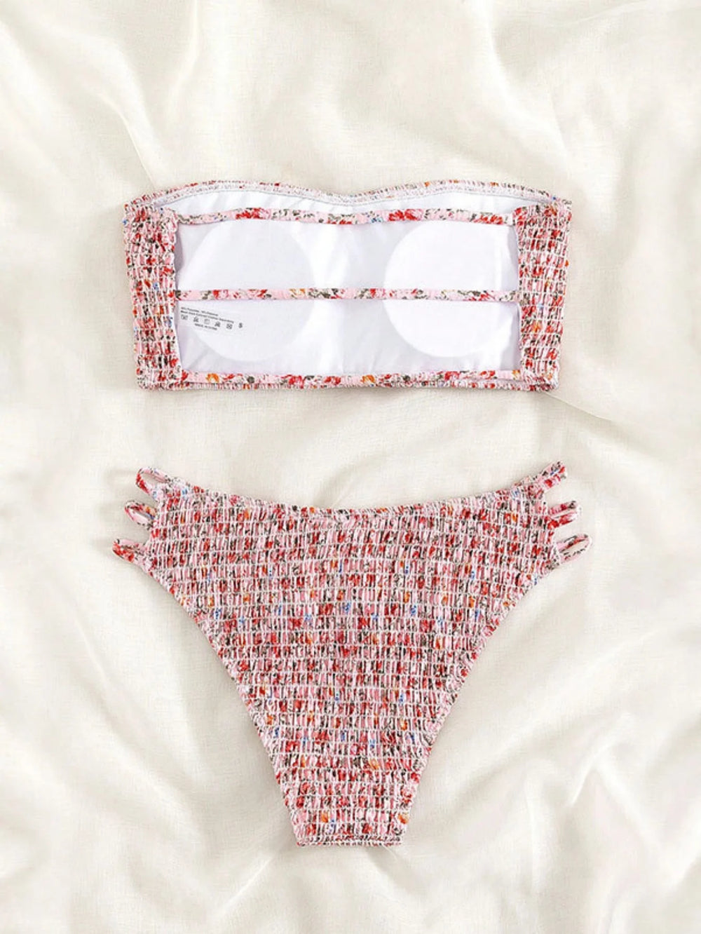Red floral patterned bandeau bikini set with high-waist bottoms