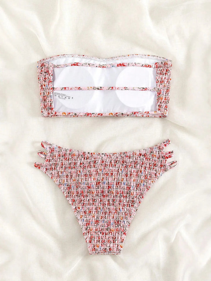 Red floral patterned bandeau bikini set with high-waist bottoms