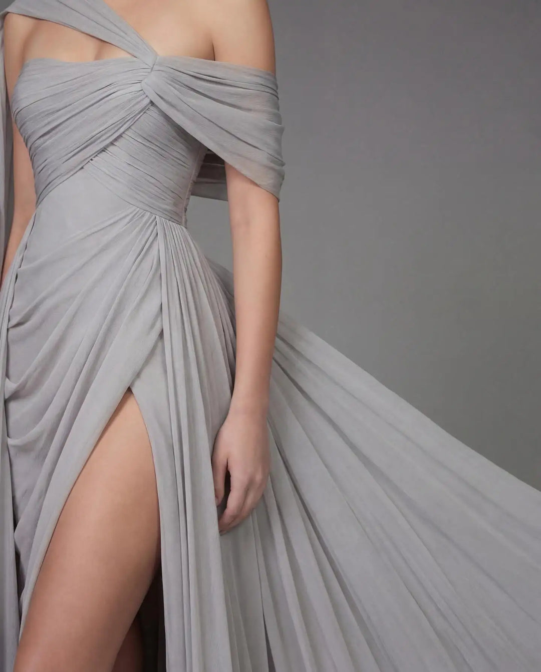 Elegant Draped High Split Evening Gown