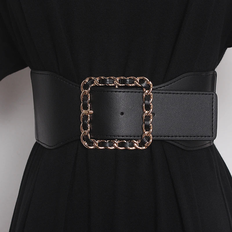 Black wide PU corset belt with chain-link square buckle