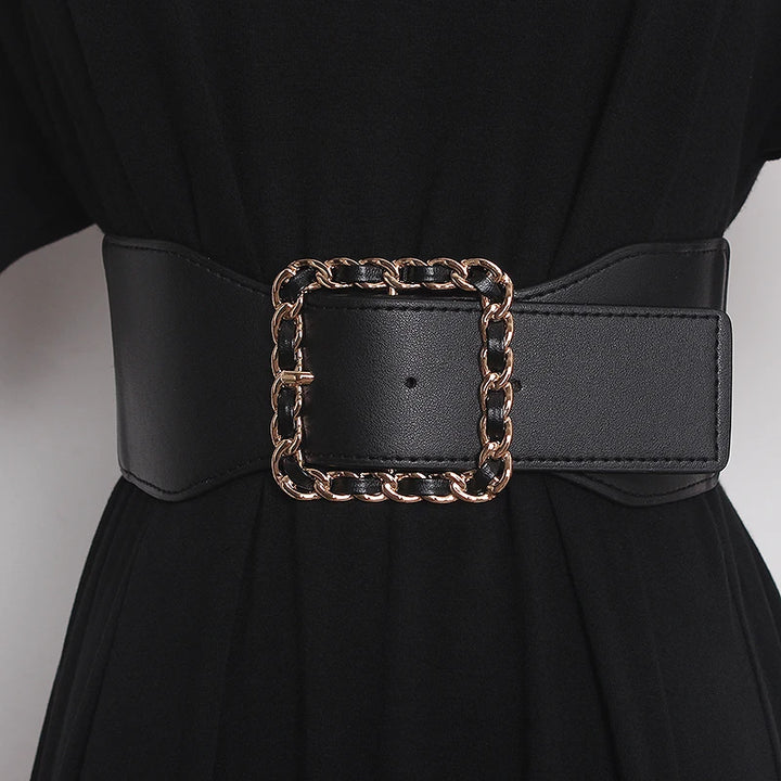 Black wide PU corset belt with chain-link square buckle