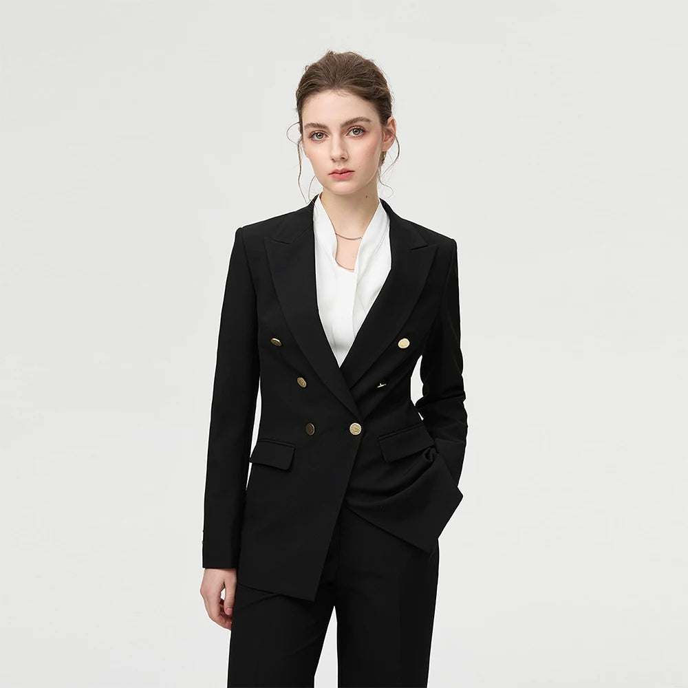 Women’s black two-piece office suit set with double-breasted blazer and tailored trousers