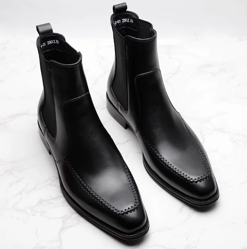 British Pointed Toe Cowhide Leather Chelsea Boots