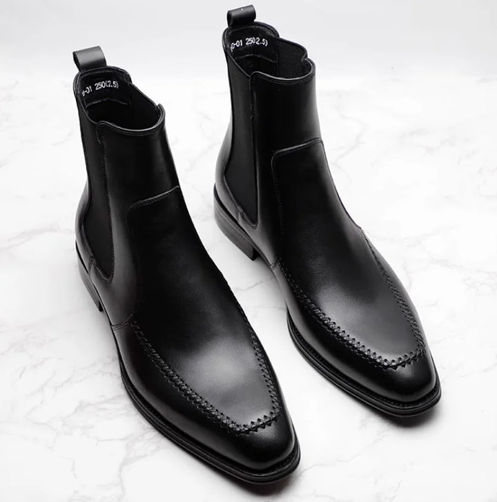 British Pointed Toe Cowhide Leather Chelsea Boots