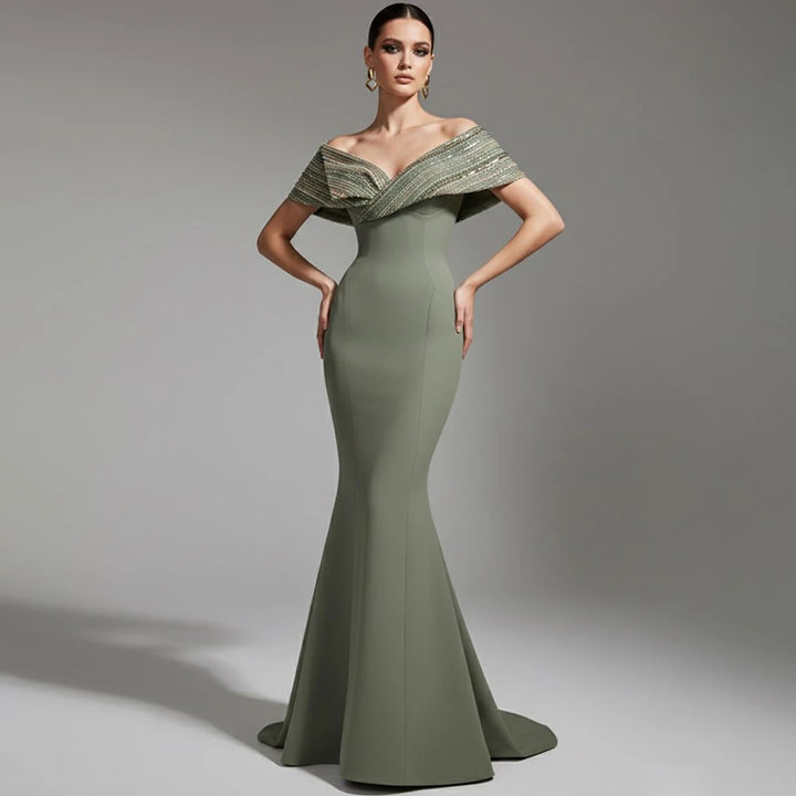 Delicate Beaded Shoulder Evening Gown