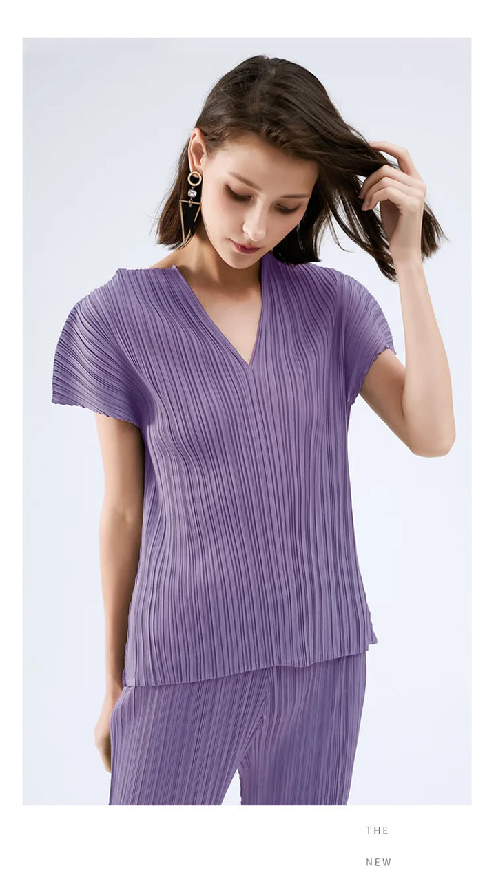 Small V-Neck Pleated Tops