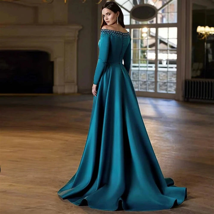 Women’s satin A-line skirt with ruched waist and flowing floor-length hem in teal teal-blue