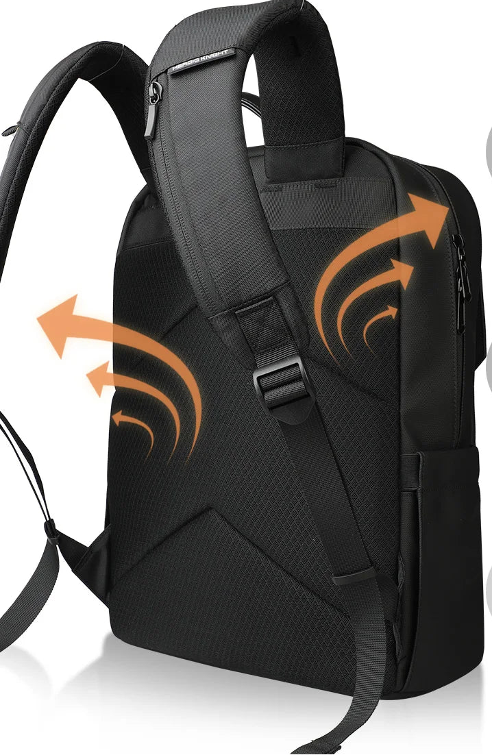 Black laptop backpack with adjustable shoulder strap and card pocket detail panel.