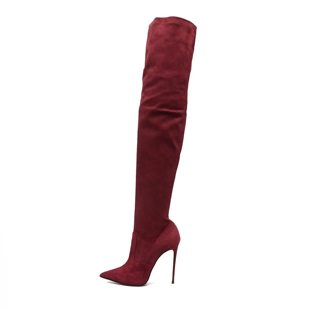 Wine red tall skinny-heel boots, pointed toe, smooth upper