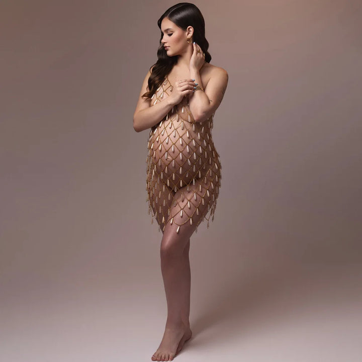 Gold fringe beaded maternity bodycon dress, sleeveless and close-fitting
