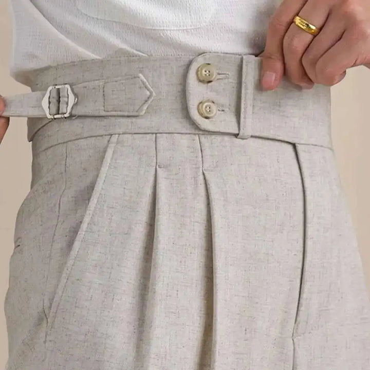 Light gray linen-blend formal pants with pleats, button closure, belt loops