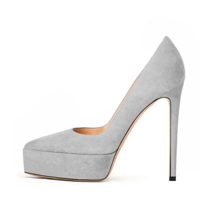 Grey faux suede platform high-heel pumps with pointed toe and stiletto heel