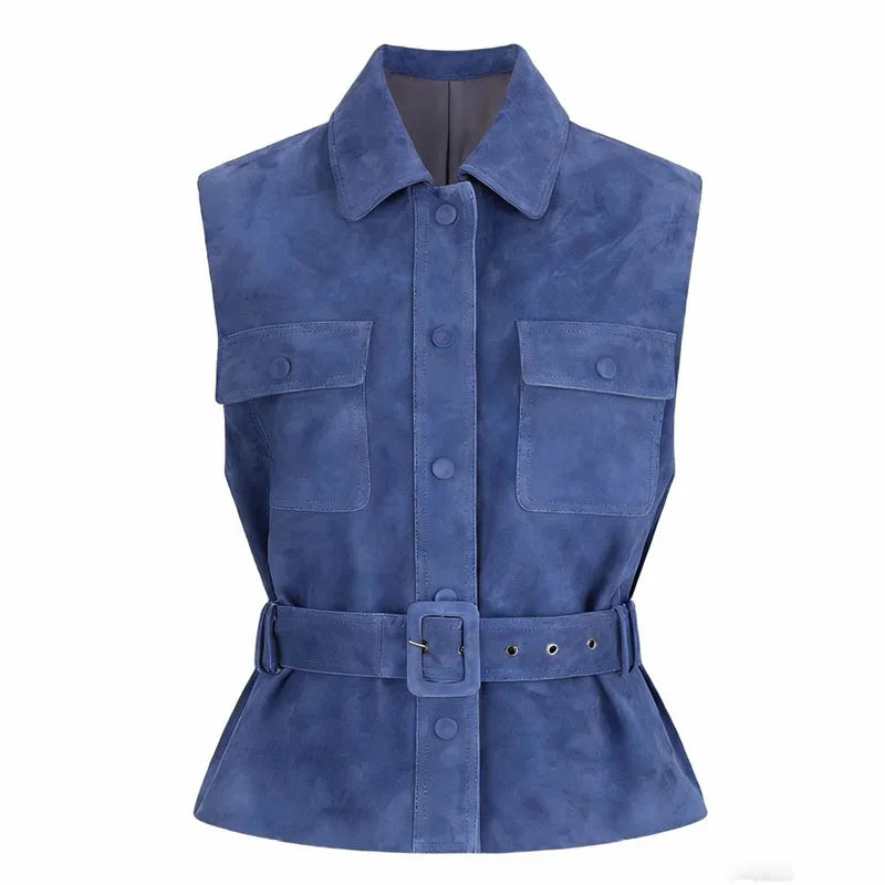 Prussian Blue suede leather waistcoat with button front, flap pockets, and belt buckle
