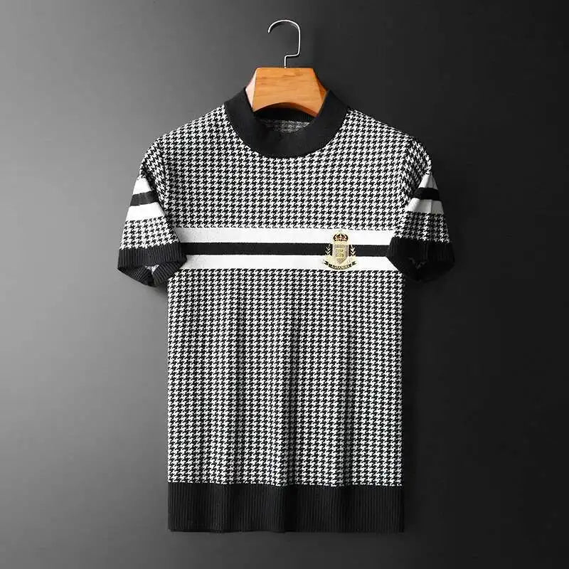Men’s black-and-white houndstooth short-sleeve knit T-shirt on hanger