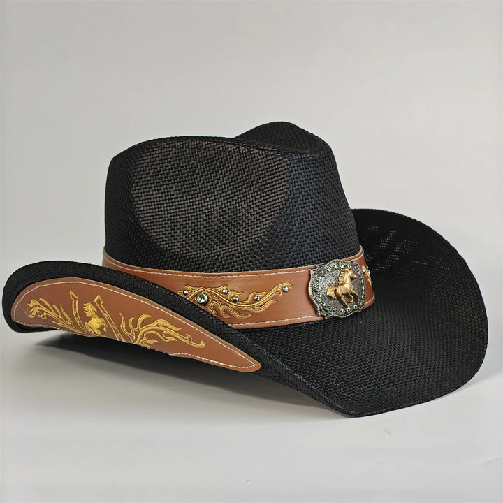 Black cowboy hat with tan leather hatband featuring gold bull emblem and studs