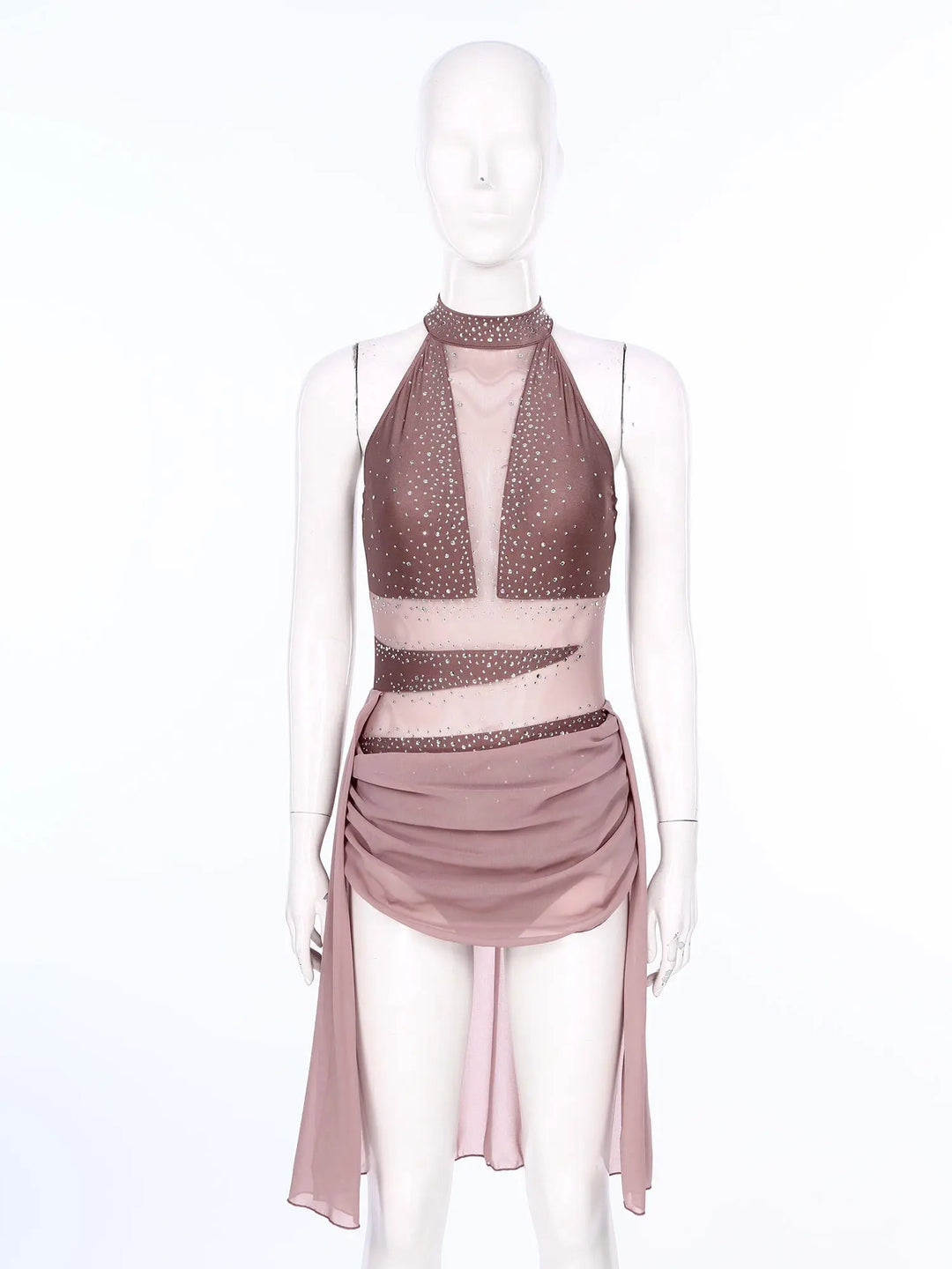 Dusty pink rhinestone mesh halter ballet dress on mannequin with open front panel