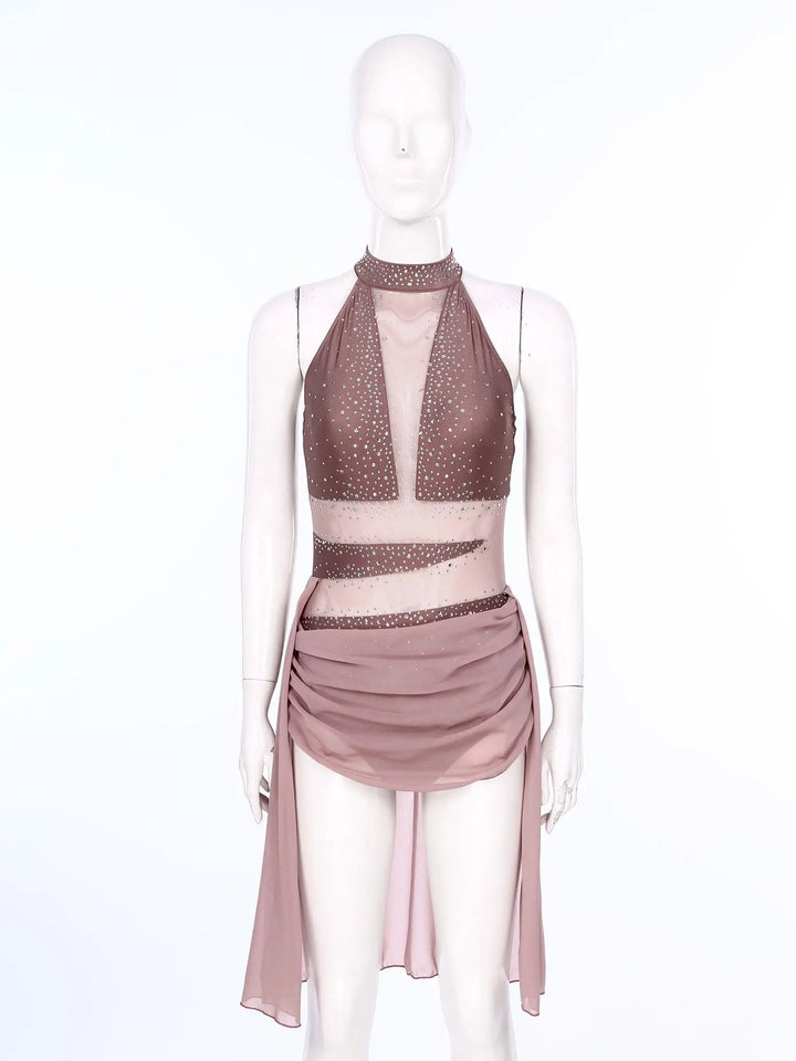 Dusty pink rhinestone mesh halter ballet dress on mannequin with open front panel
