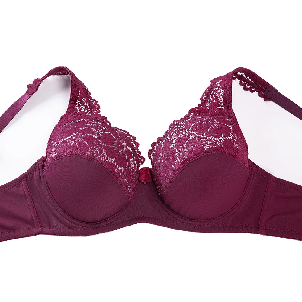Floral lace underwire bra in deep plum with scalloped lace trim and curved molded cups