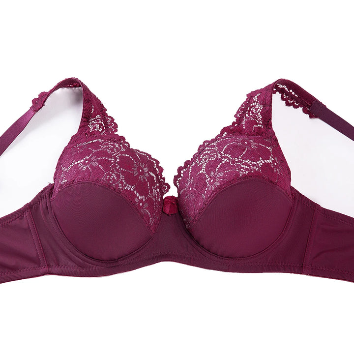 Floral lace underwire bra in deep plum with scalloped lace trim and curved molded cups