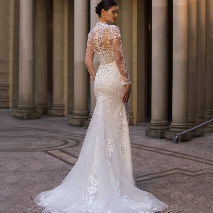Gorgeous High Neck Applique Illusion Bridal Gown