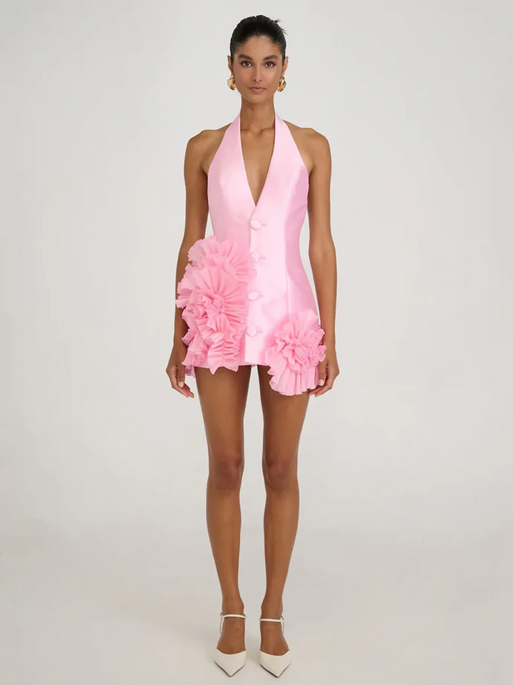 Deep V-Neck Ruched Flowers Mini Dress