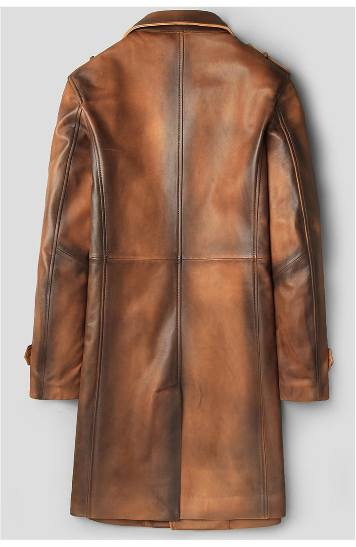 Vintage Natural Sheepskin Leather Long Coat