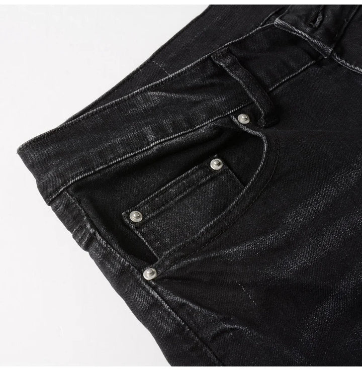 Bold Cracked Patch Biker Jeans Pants