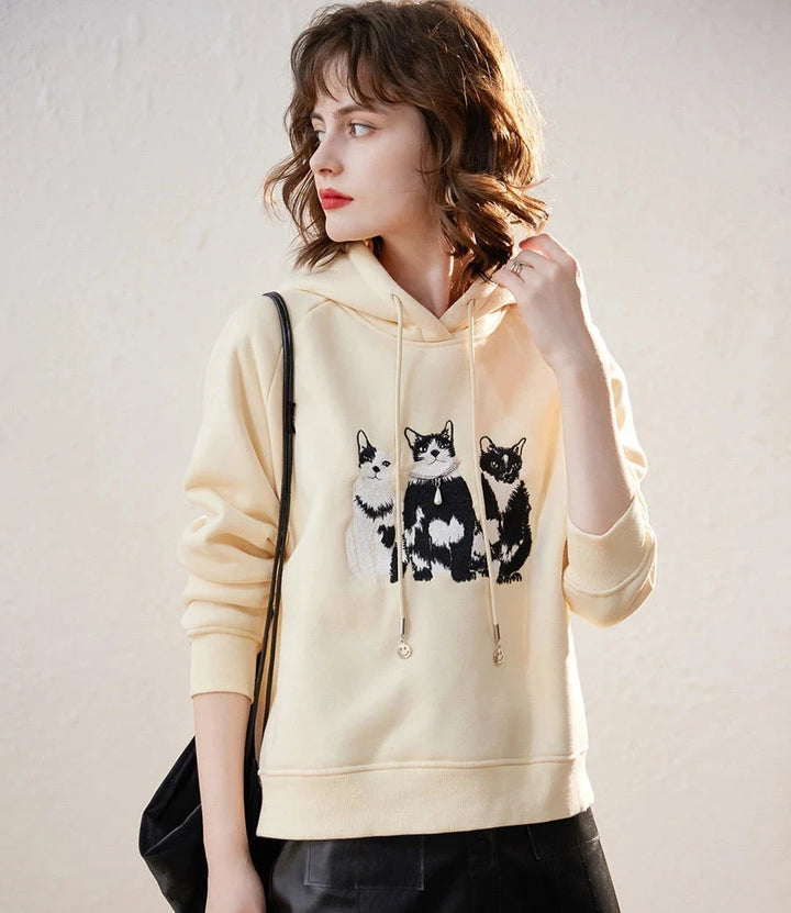 Plush Cat Embroidery Drawstring Hooded