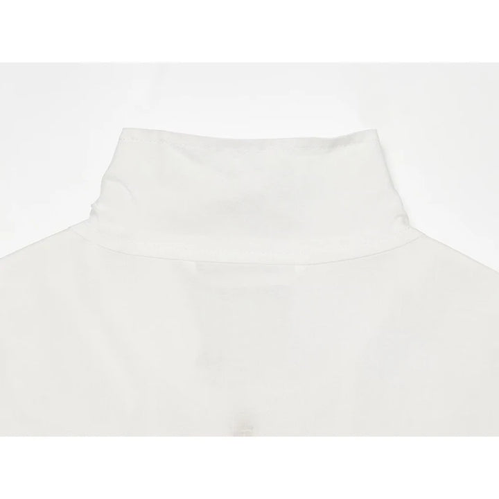 White stand collar jacket neckline with smooth fabric and structured collar shape