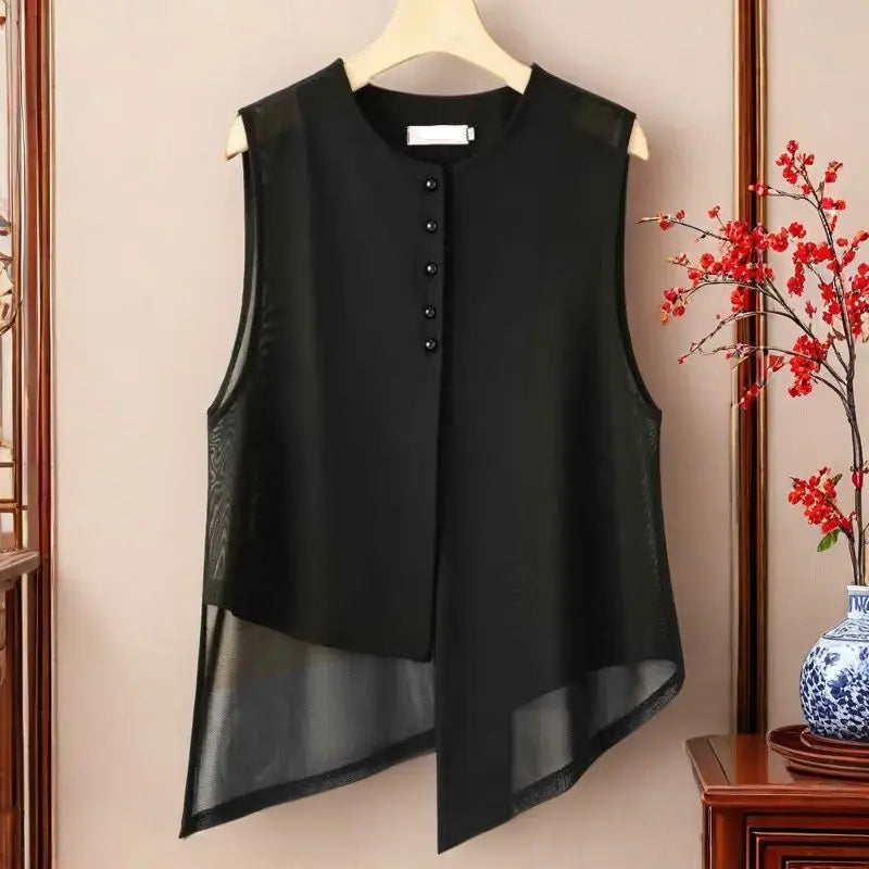 Women's black mesh vest with button-front and irregular hem