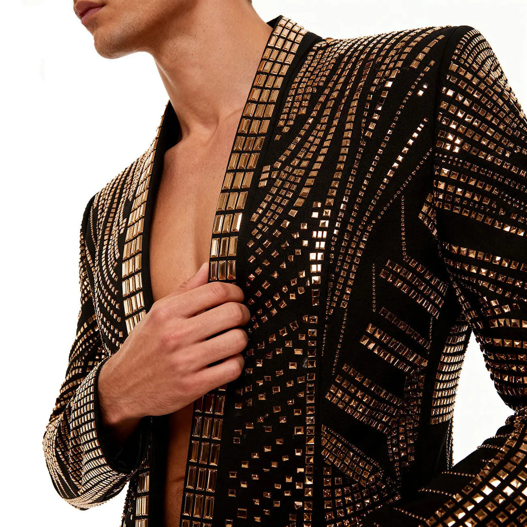 Black rhinestone formal blazer with gold grid pattern, open lapel view detail