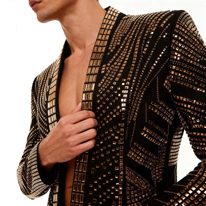 Black rhinestone formal blazer with gold grid pattern, open lapel view detail