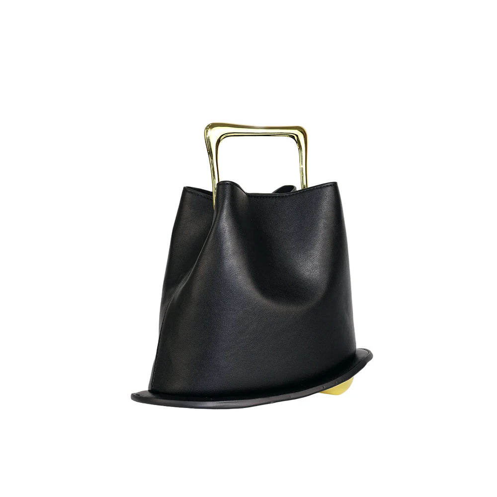 Women's leather crossbody bag, black with top handle and gold-tone hardware.
