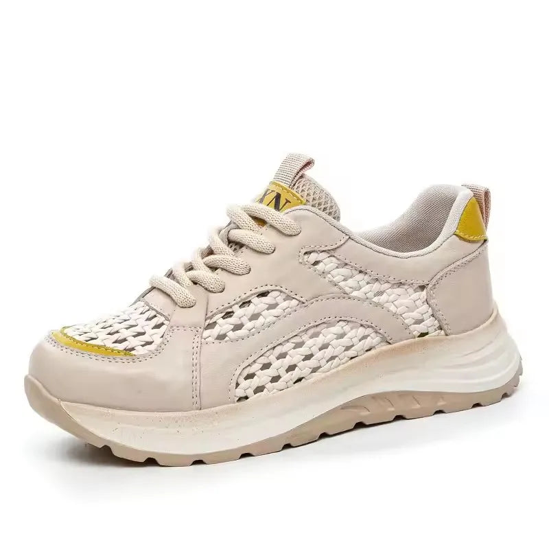 Women's lace-up woven mesh sneakers, beige with yellow heel and side panel accents