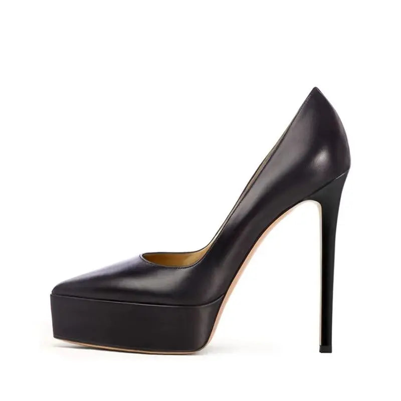 Black stiletto pump with platform sole and pointed toe