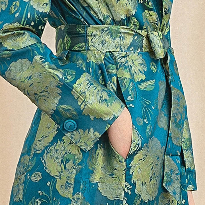 Turn Down Collar Jacquard Silk Trench Coat