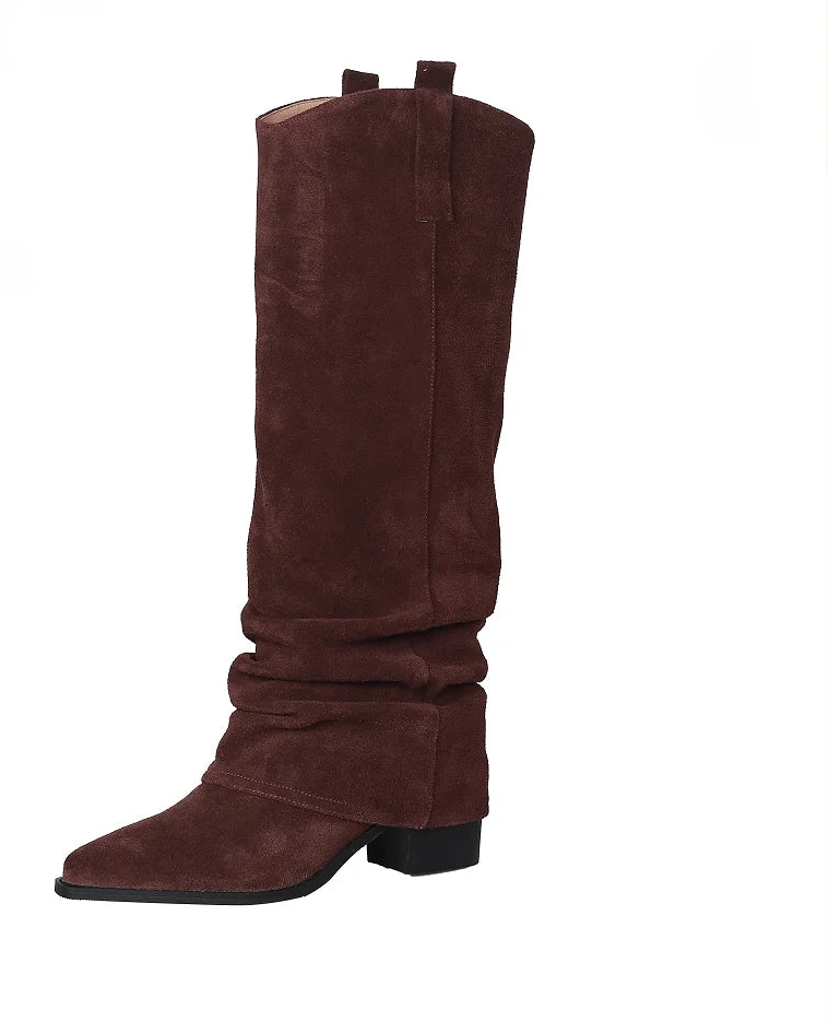Trendy Pleated Mid-Calf Cow Suede Boots