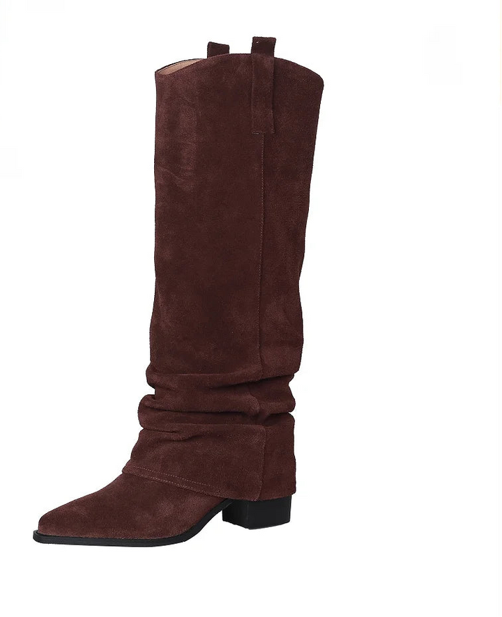 Trendy Pleated Mid-Calf Cow Suede Boots